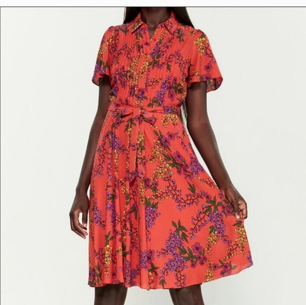 Nanette Lepore Dress Size 8 Terracotta Floral Chiffon Midi Flutter Sleeve Orange